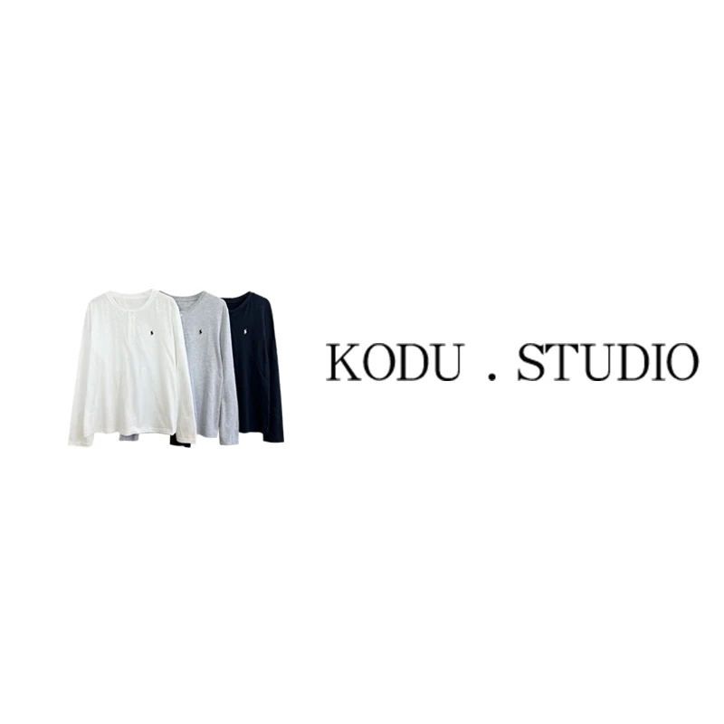 QI【刻度KODU】01-TS2088春季美式经典百搭纯色亨利领刺绣打底衫