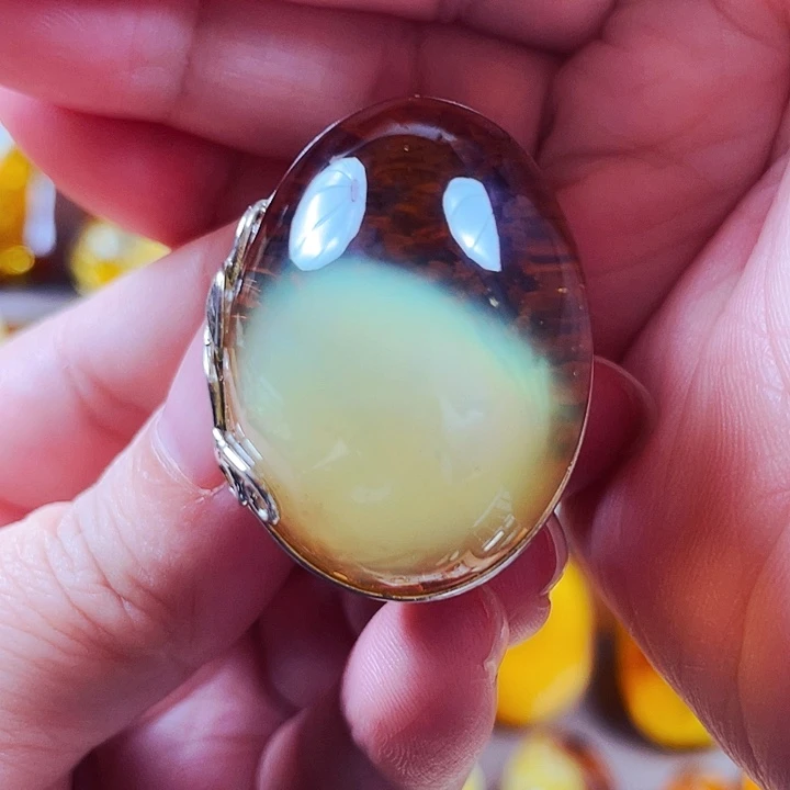 琥珀银S925镶嵌裸石戒指