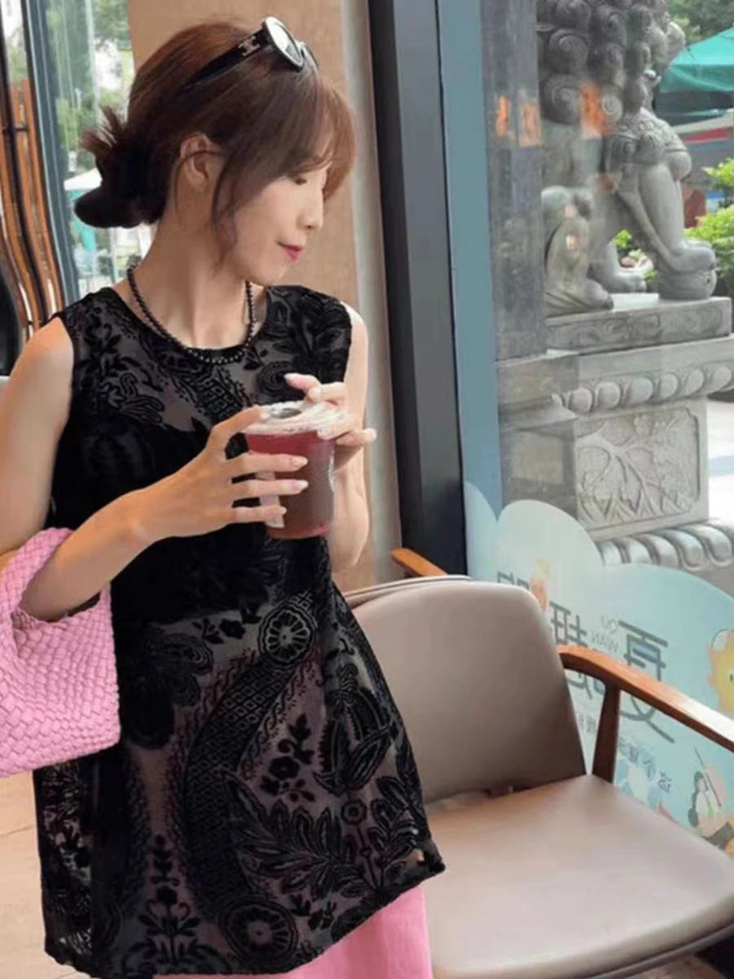 美美服饰568丝绒提花无袖复古网红爆款独特别致衬衫上衣