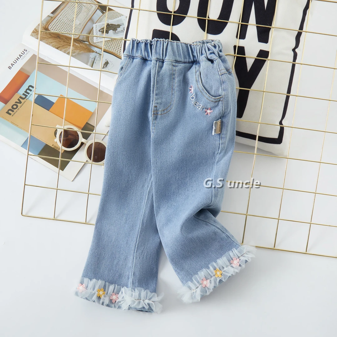 【蓝色垦丁】H25070女童春夏款洋气时尚花边微剌牛仔裤韩版公主女宝