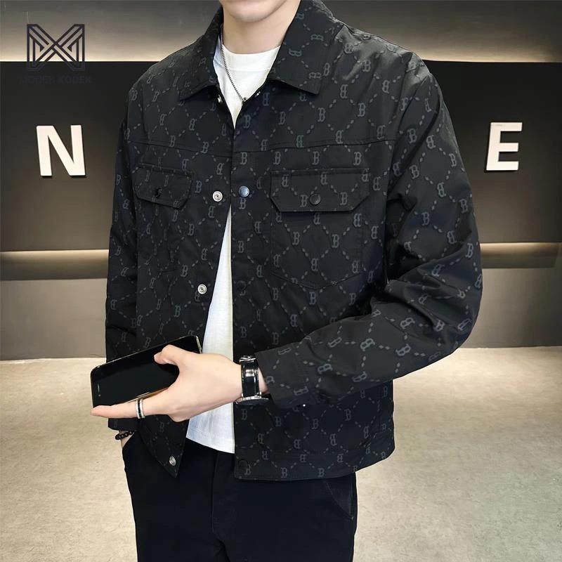 MODEK KODEK新款秋男外套韩版格子时尚翻领帅气工装夹克休闲上衣