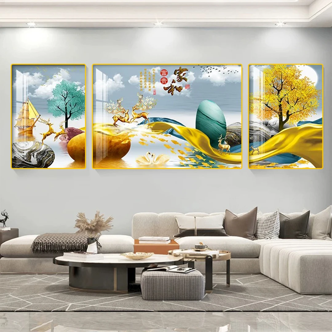 M001现代简约沙发背景墙挂画山水圆角轻奢三联客厅装饰画晶瓷高档