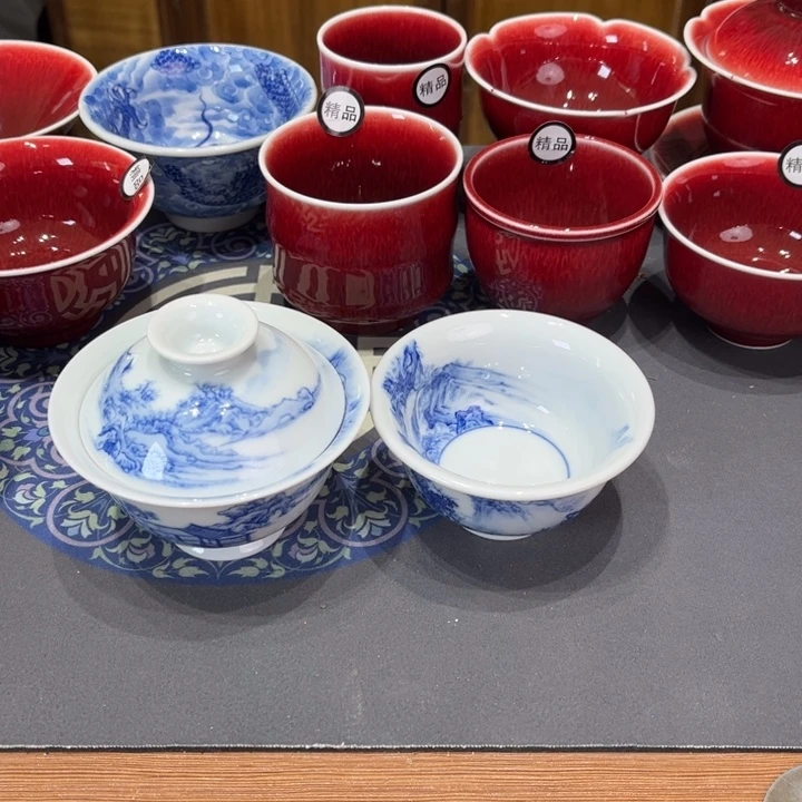 天****景德镇陶瓷浅行窑青花盖碗套组