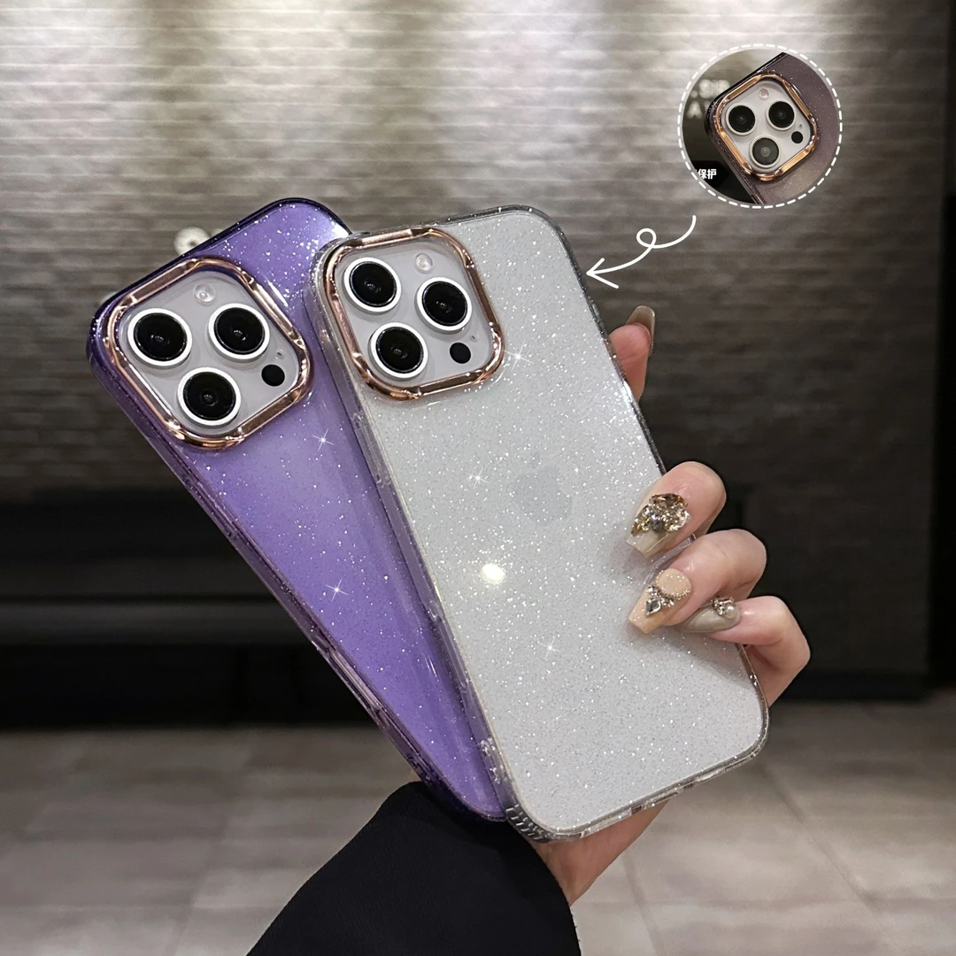 电镀镜圈金光闪粉适用苹果13promax手机壳iPhone15plus女款高级感