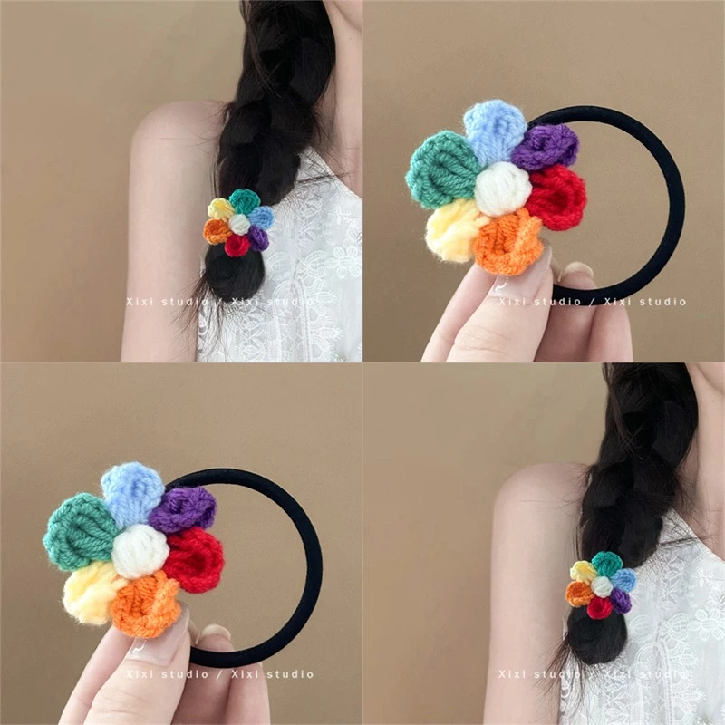 彩虹毛线发圈2025新款可爱花朵头绳少女心发绳侧边麻花辫头花发饰
