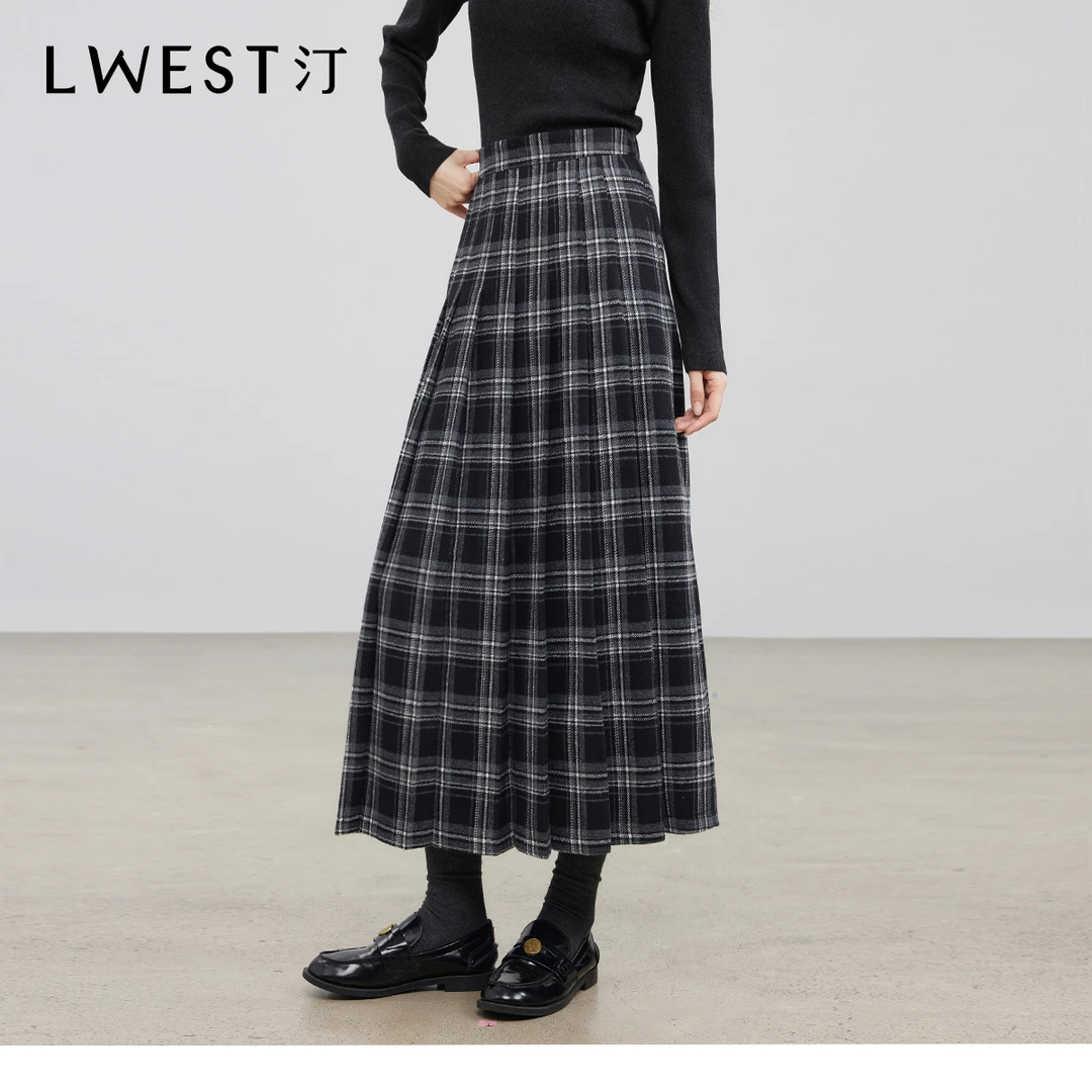 T朗文斯汀复古百褶长裙2025冬季新款法式优雅气质显瘦格纹半身裙