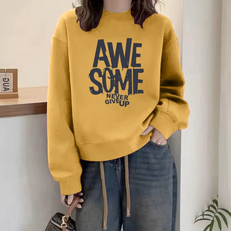 圆领套头打底衫加绒加厚卫衣女2025春秋季新款宽松韩版潮情侣外套