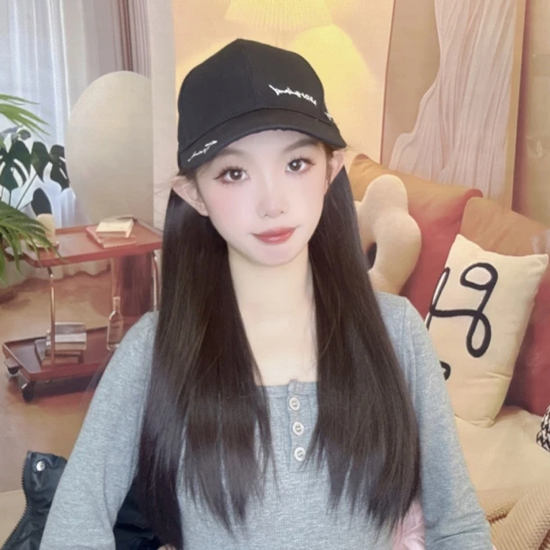 （春夏秋新款）时尚假发帽子一体女款内扣刺绣棒球帽直发