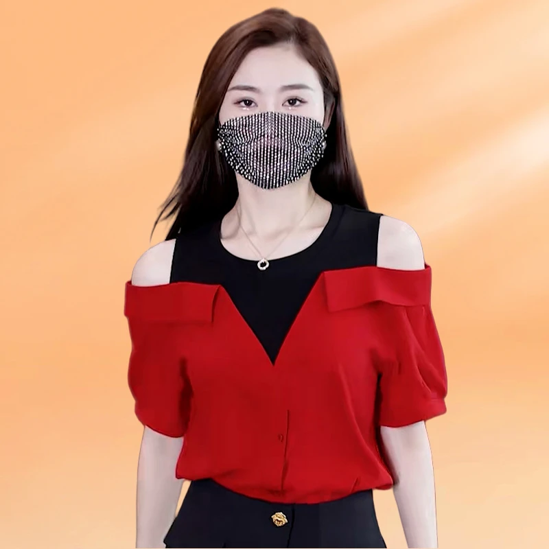 时尚洋气减龄假两件衬衫女2025年夏季新款设计感百搭显瘦露肩上衣