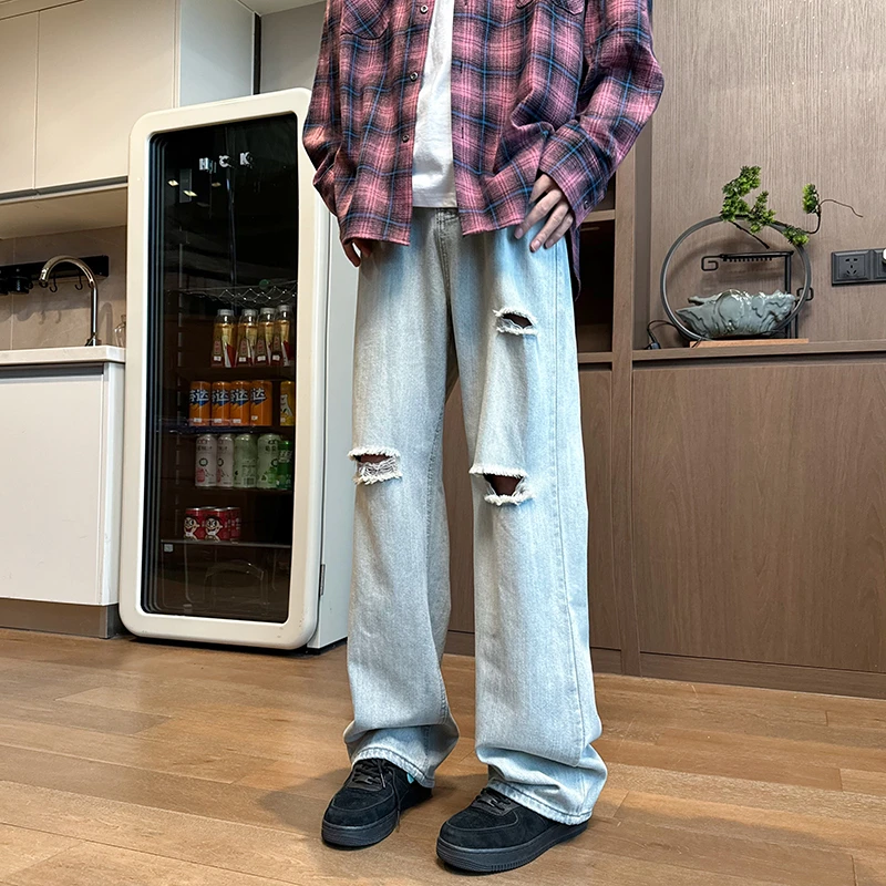 （现货现发）夏季新款破洞牛仔裤男直筒乞丐裤潮牌休闲裤子美式宽松