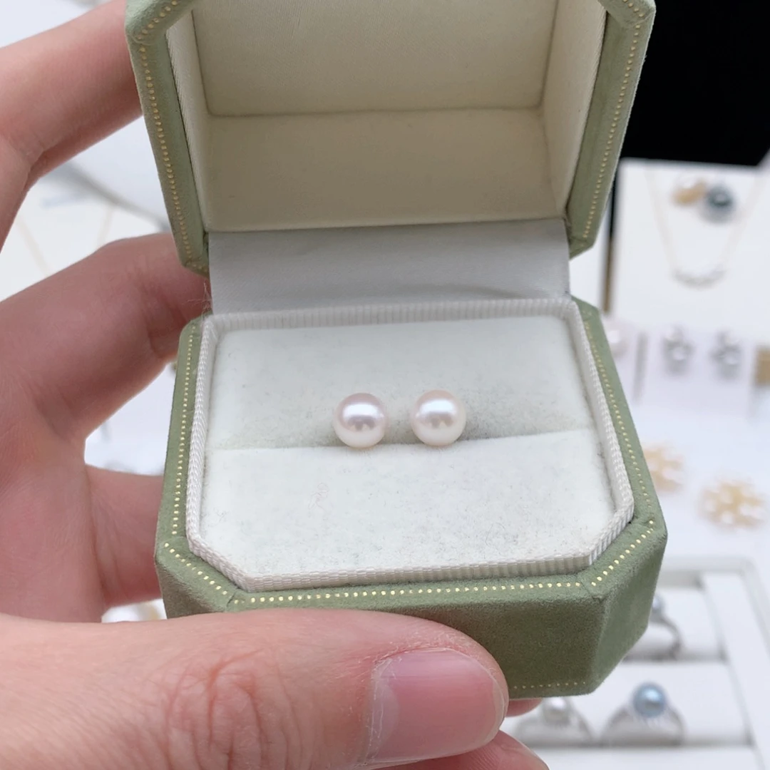 海水珍珠7-7.5mm ak素钉18K金镶嵌桃**子