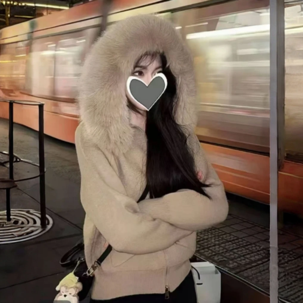 毛毛领拉链短款外套女秋冬复古chic松弛感宽松连帽针织毛衣