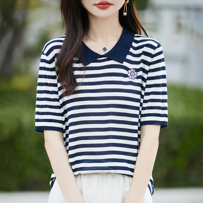 2025时尚女装夏季新款翻领Polo衫女条纹短袖针织衫洋气百搭上衣