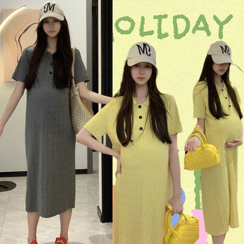 2025夏季新款孕妇裙子韩版时尚重工麻花减龄显瘦Polo领连衣裙夏装