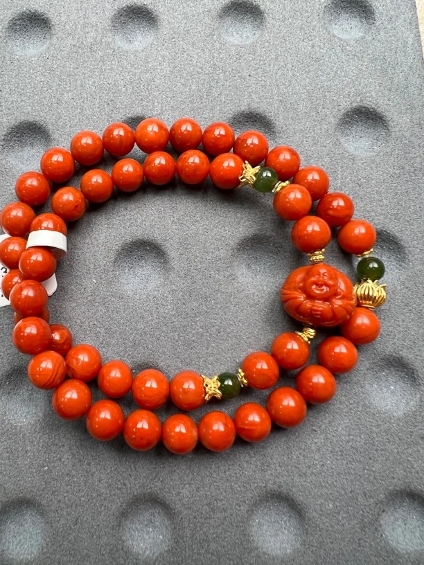 E10南红满肉布袋佛两圈手串7mm