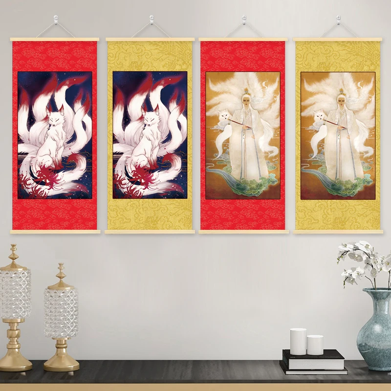 招财桃花九尾狐画像神像图挂画玄关入户背景墙装饰画中式堂口供奉