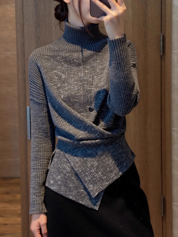 时尚慵懒风高领针织女2026秋冬新款设计感收腰显瘦软糯毛衣打底衫