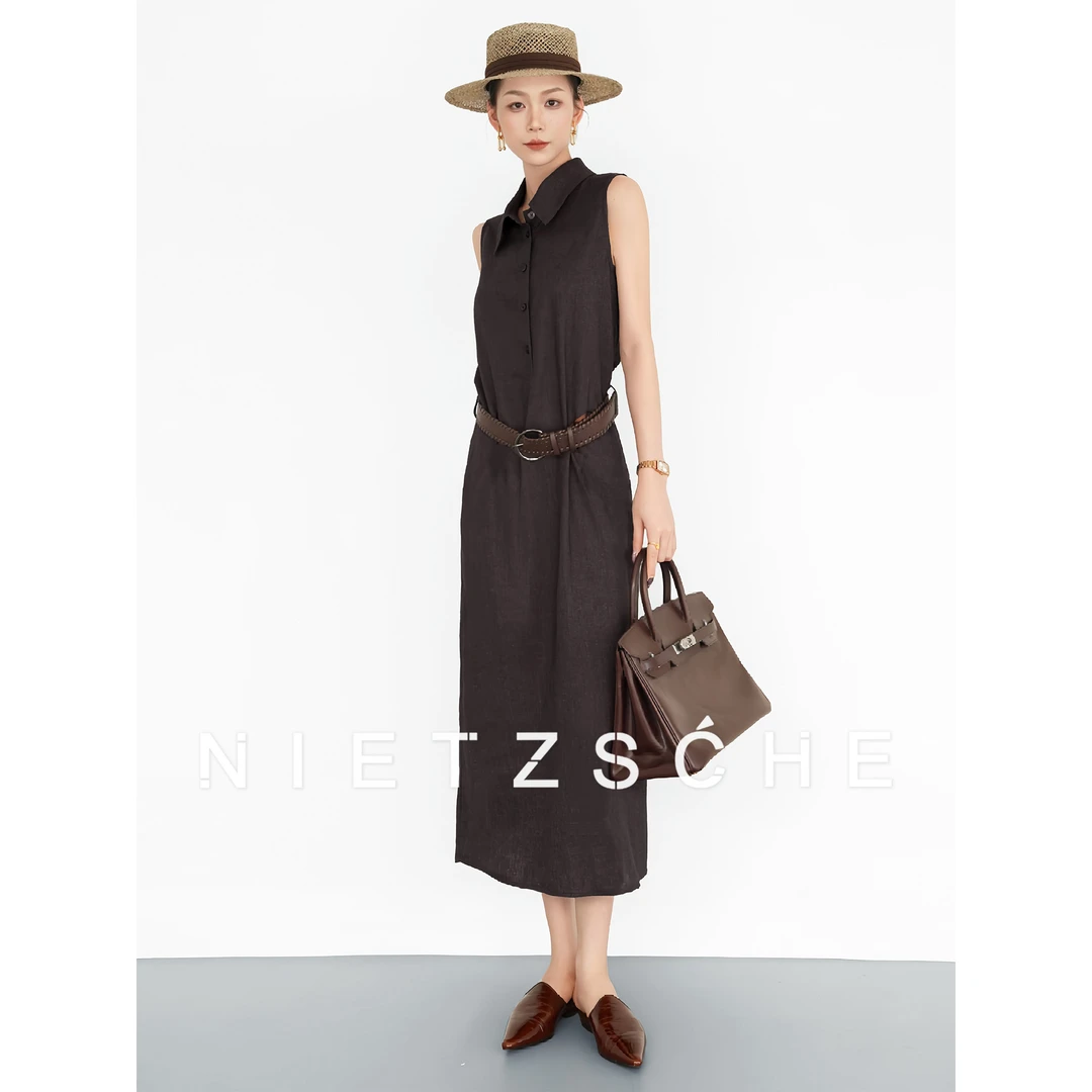 Nietzsche｜墨鸢｜简约高阶造型 极简老钱风翻领显瘦亚麻裙50176