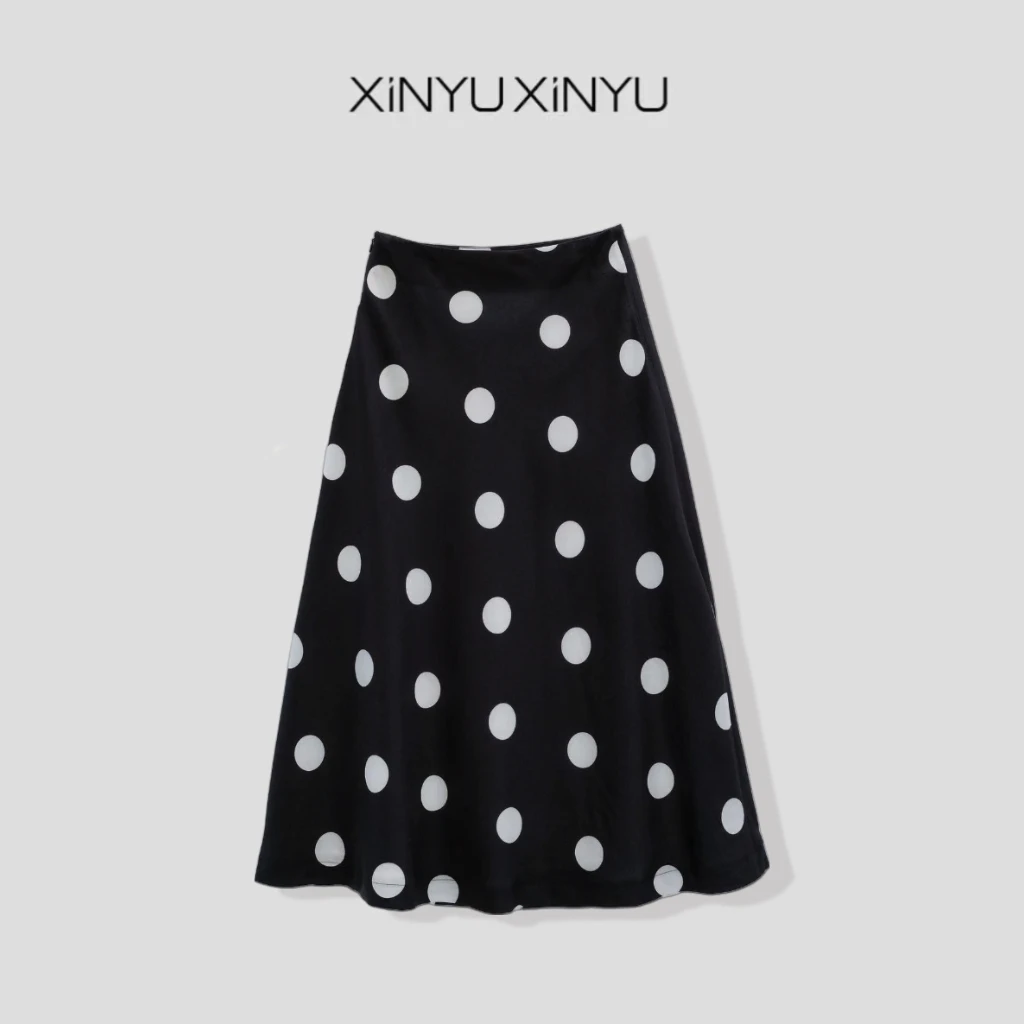 XINYU/芯与复古大波点A字黑色半裙 137162  气质 休闲 复古短裙