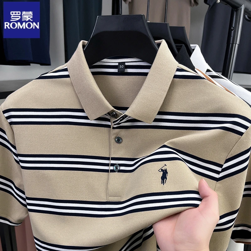 罗蒙短袖T恤男士翻领条纹夏季宽松休闲Polo衫百搭商务男装上衣服