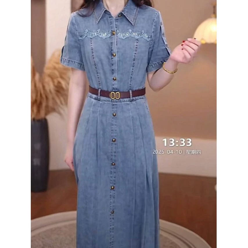 精梳棉牛仔连衣裙2025新款女夏季时尚遮肚子显瘦气质减龄礼服裙子