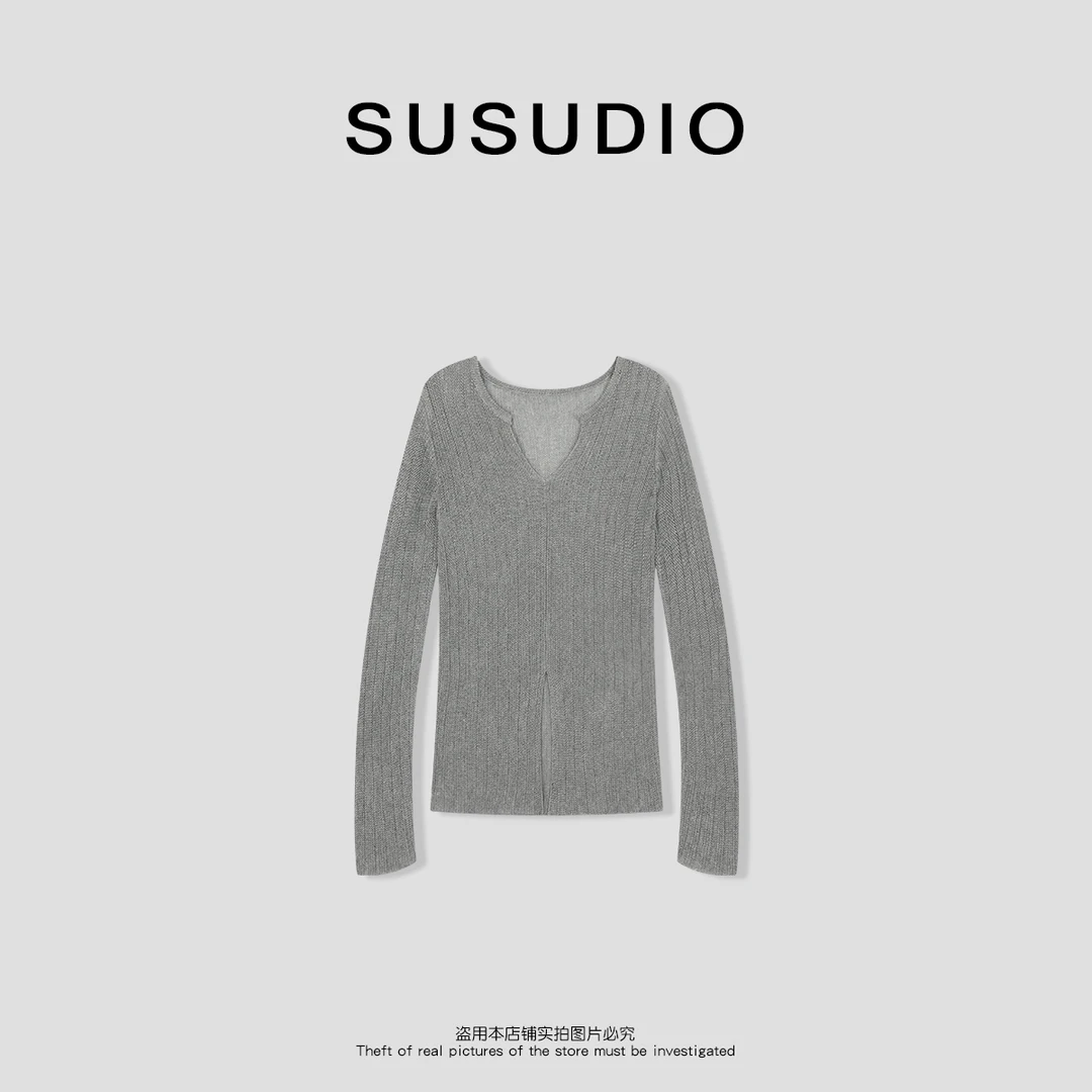 SUSUDIO 莱赛尔亚麻薄款慵懒风上衣宽松显瘦V领长袖针织衫50092