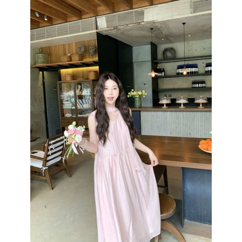 Berry 喜你而欢大庞定制 粉色无袖领结天丝连衣裙宽松法式a字长裙