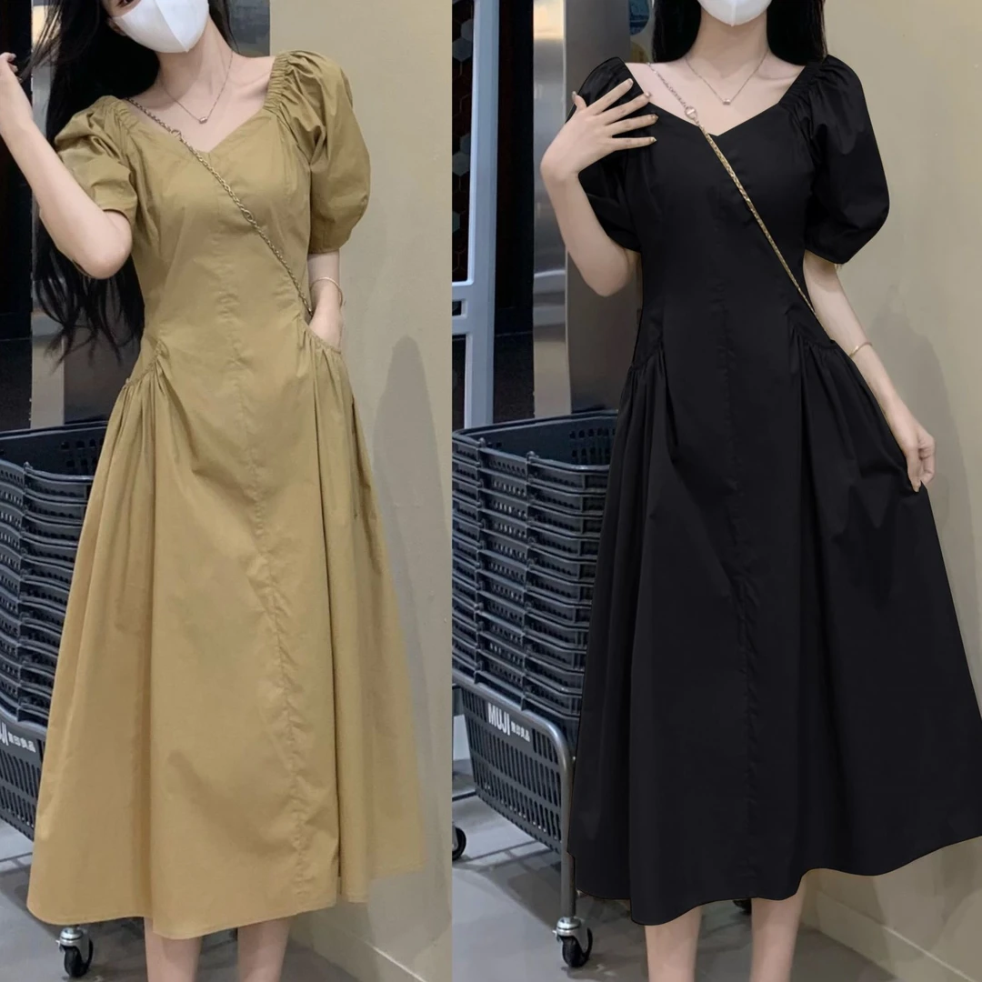 大码法式V领泡泡袖短袖连衣裙女夏季胖mm收腰简约显瘦高级感1503