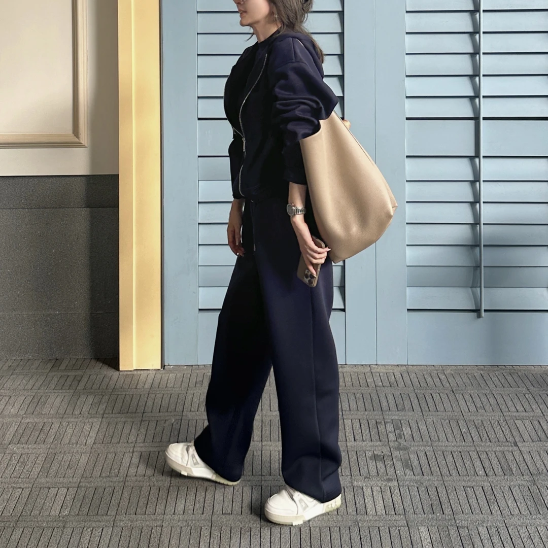 Noble.L 秋冬藏青色空气棉裤子长裤时尚休闲百搭宽松简约直筒女士