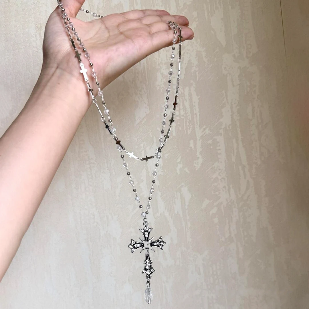 卡柒 铜合金项链 甜酷风双层叠戴十字架项链时尚小众设计感锁骨链