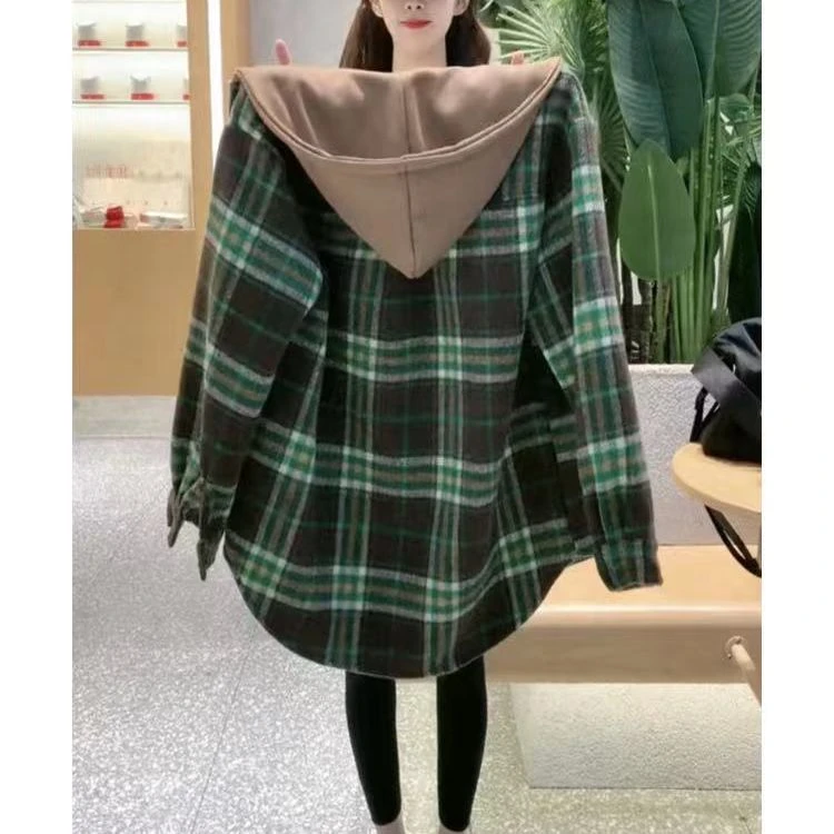 2025秋冬新款加厚加绒磨毛连帽格子衬衫女中长款衬衣外套