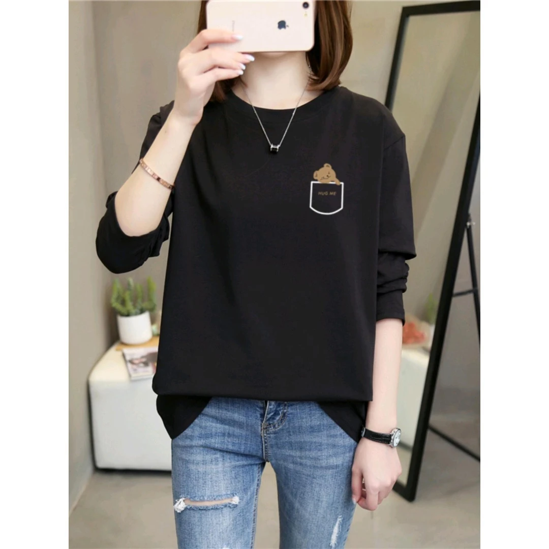 舒适长袖t恤女2025新款春秋装宽松大码女装胖mm遮肚上衣潮打底衫