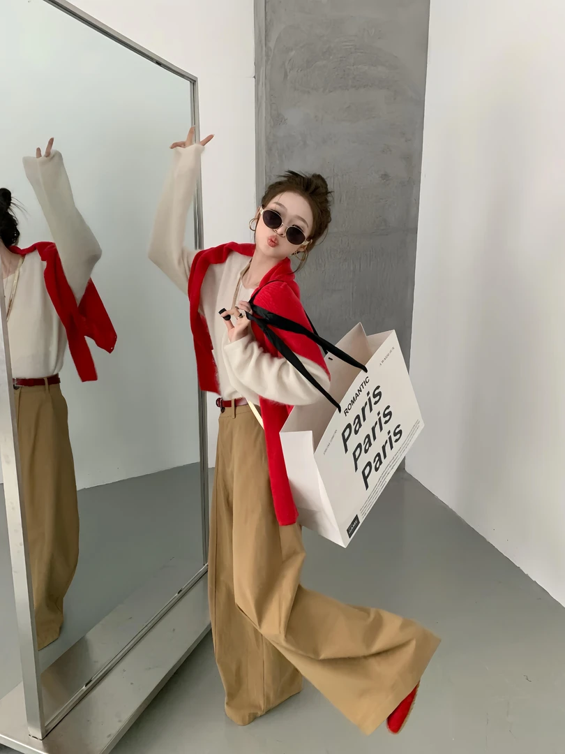 【苹果派对】韩系ins气质杏色针织上衣减龄显瘦卡其色阔腿裤套装