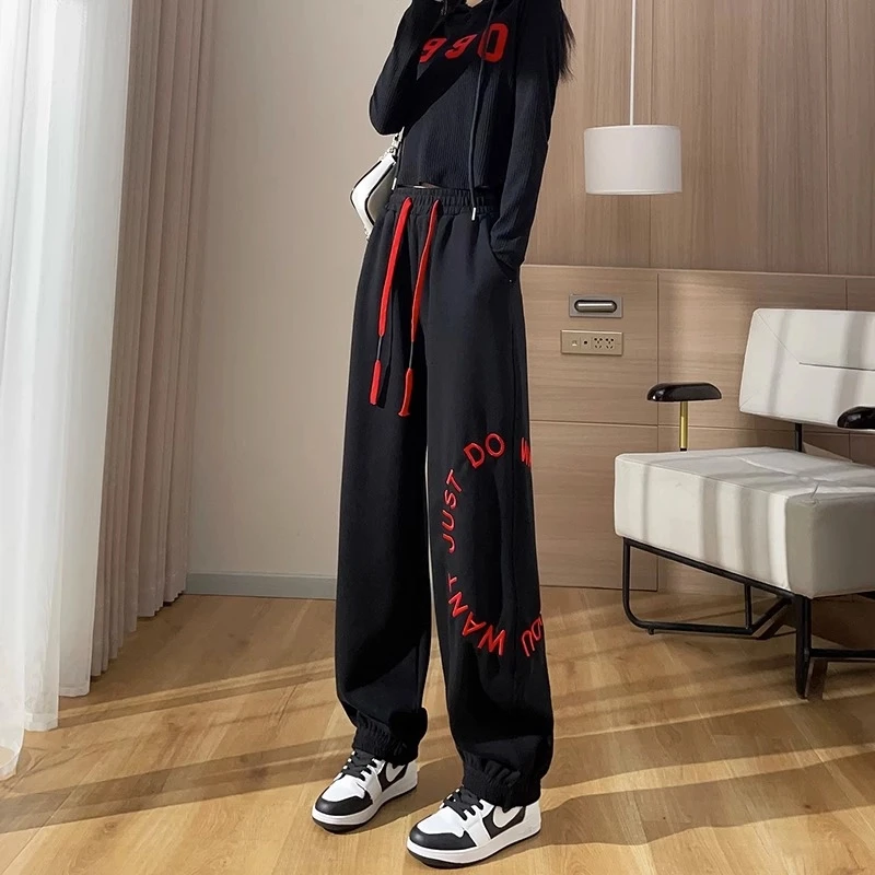 刺绣阔腿运动裤女春秋季2024新款街舞高腰宽松时尚直筒休闲卫裤子