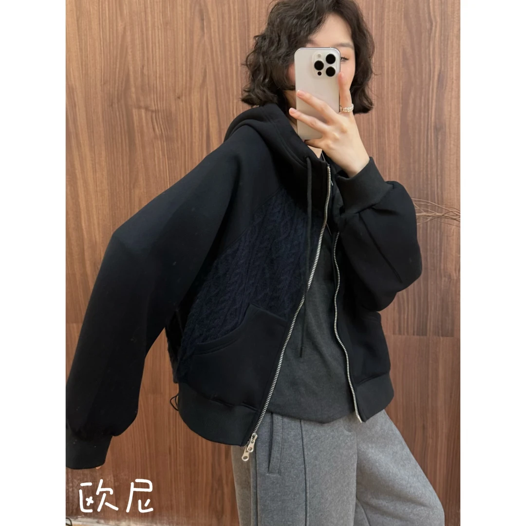 欧尼私服 2025秋冬【山野之呼】针织拼接显瘦百搭连帽帽衫2509C6217