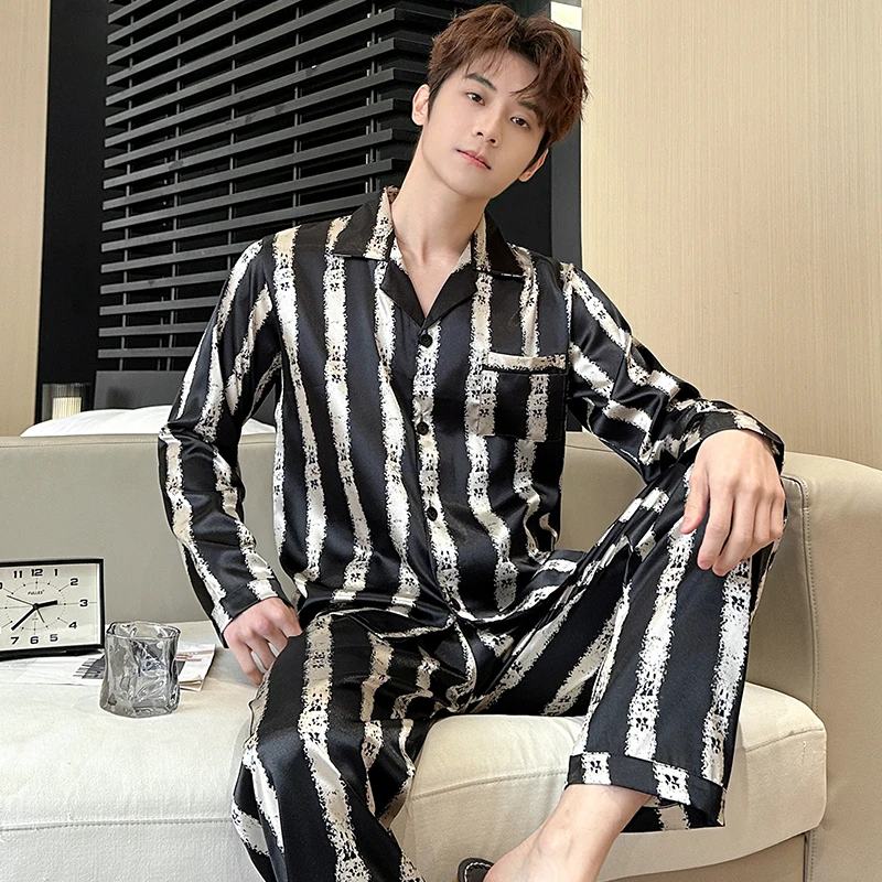 冰丝睡衣男士春秋黑色薄款长袖长裤套装2025新款夏长袖家居服
