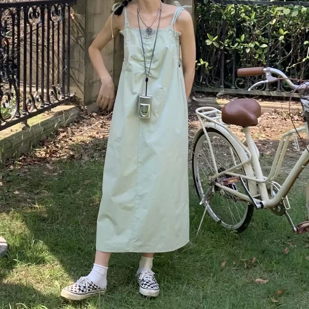 8323夏日薄荷 日系长款背心连衣裙 绑带显瘦长裙