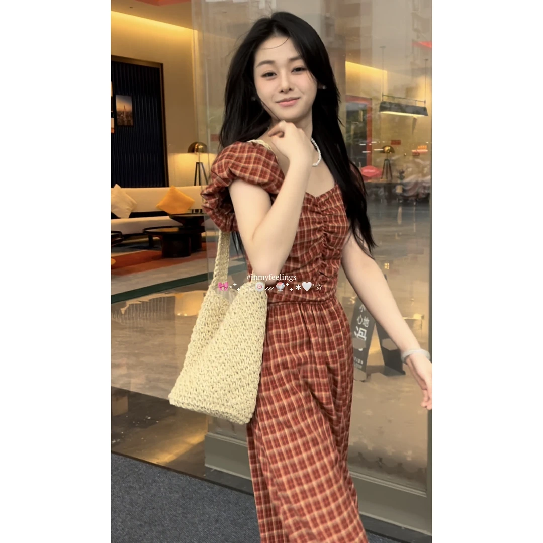 【夏日茶歇】法式格子方领泡泡袖复古褶皱气质收腰茶歇裙#9076