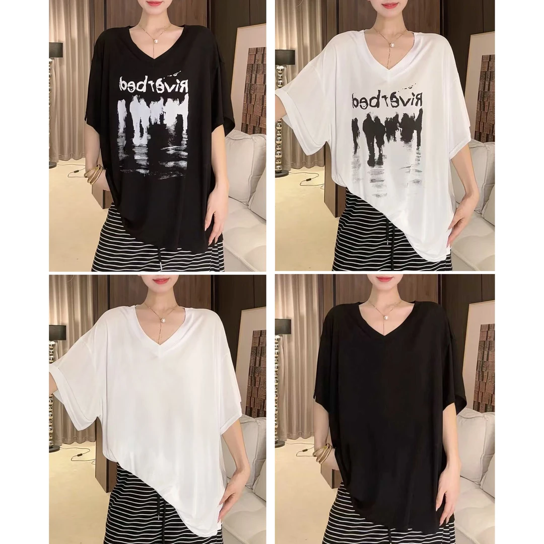 大领口慵懒直喷图案宽松休闲上衣大版V领夏季短袖五分袖T恤女6853
