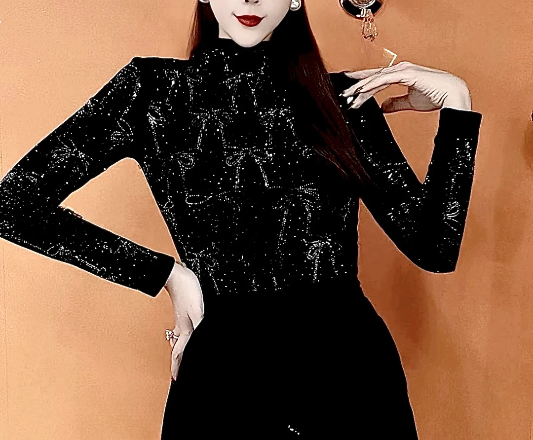 （蝴蝶结-半高领）冬款加厚款百搭烫钻重工洋气长袖黑色时尚打底衫