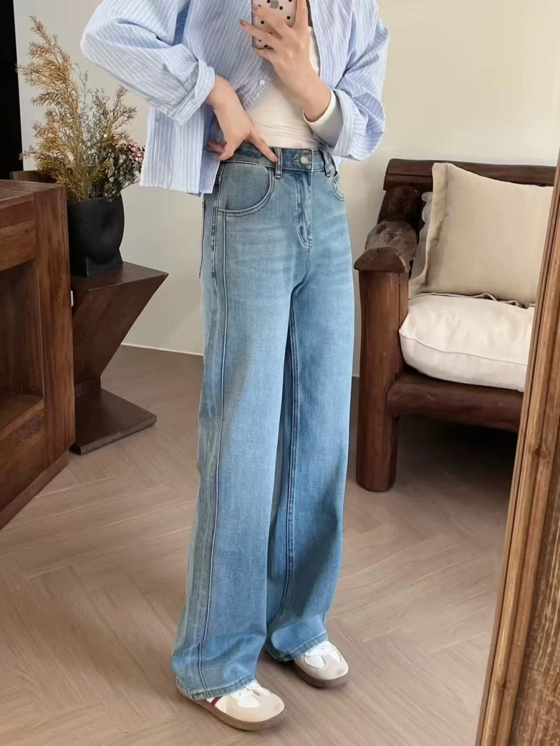 夏季薄款窄版直筒牛仔裤女2025新款高腰显瘦阔腿裤女