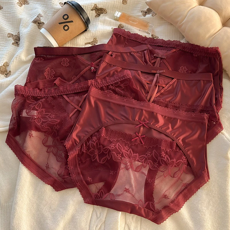 大红蛇年本命年性感中腰蕾丝喜庆婚庆女士内裤女胖MM200斤三角裤