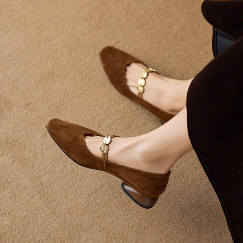 巨好看~官方方头金币链玛丽珍鞋女新款舒适百搭一脚蹬粗低跟单鞋