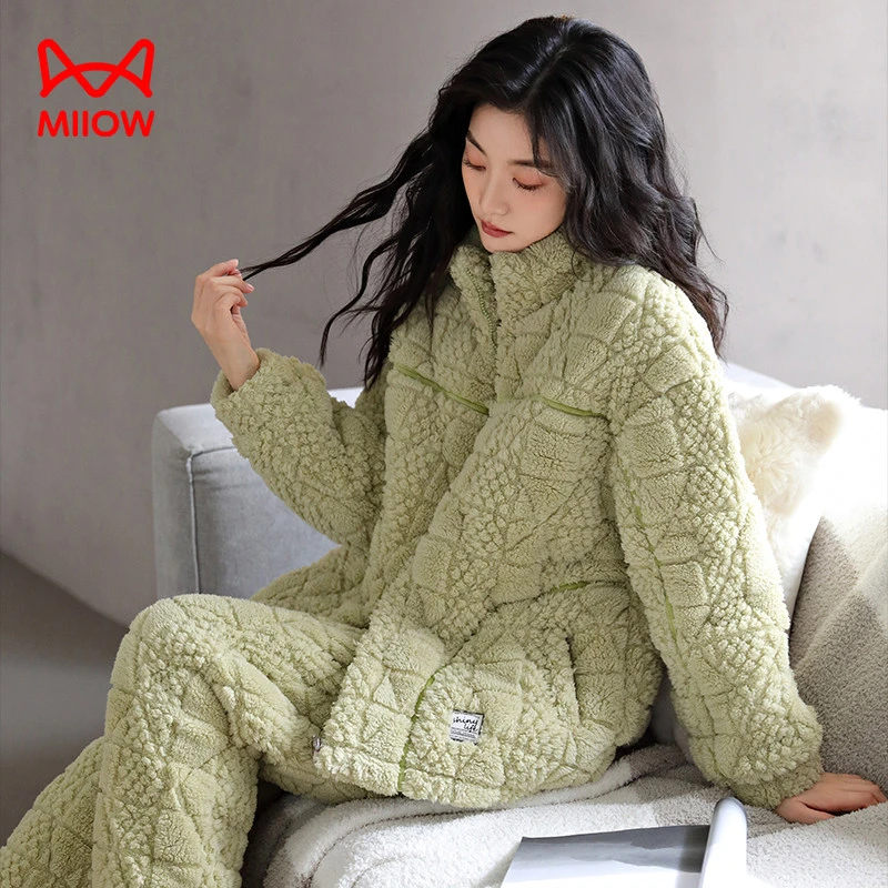 猫人经典冬天保暖纯色珊瑚绒睡衣女冬季加绒三层夹棉法兰绒家居服