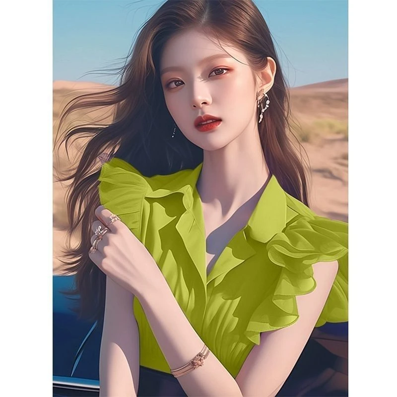 今年流行漂亮别致绝美上衣高级感超好看紫色荷叶袖衬衫女夏季小众