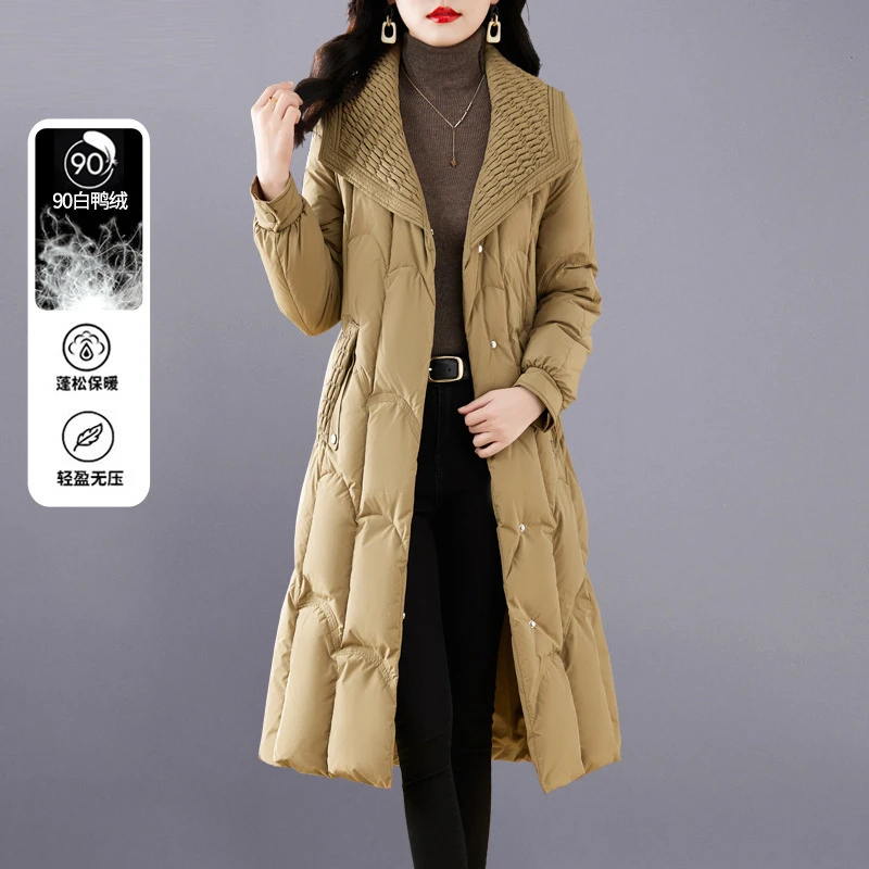 DUCURNO卡其色羽绒服女冬季2025年新款时尚收腰显瘦过膝长款外套
