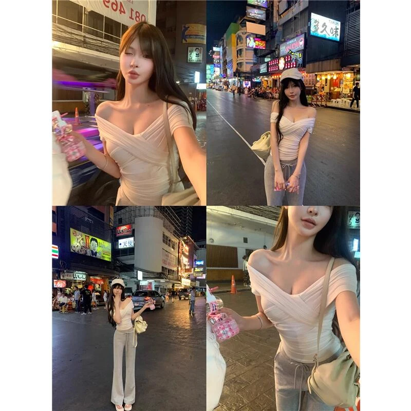 交叉压褶V领一字肩T恤女2025年春夏季新款纯欲性感设计感短袖上衣