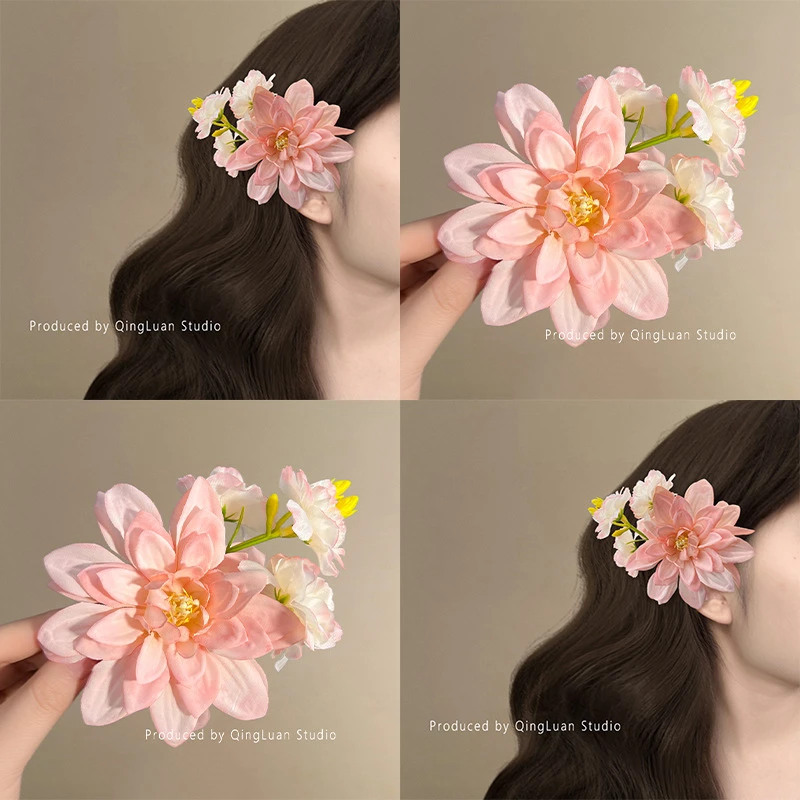 【艺凡】春季出游度假氛围感粉色牡丹花发夹女侧边夹发饰仿真花鸭嘴