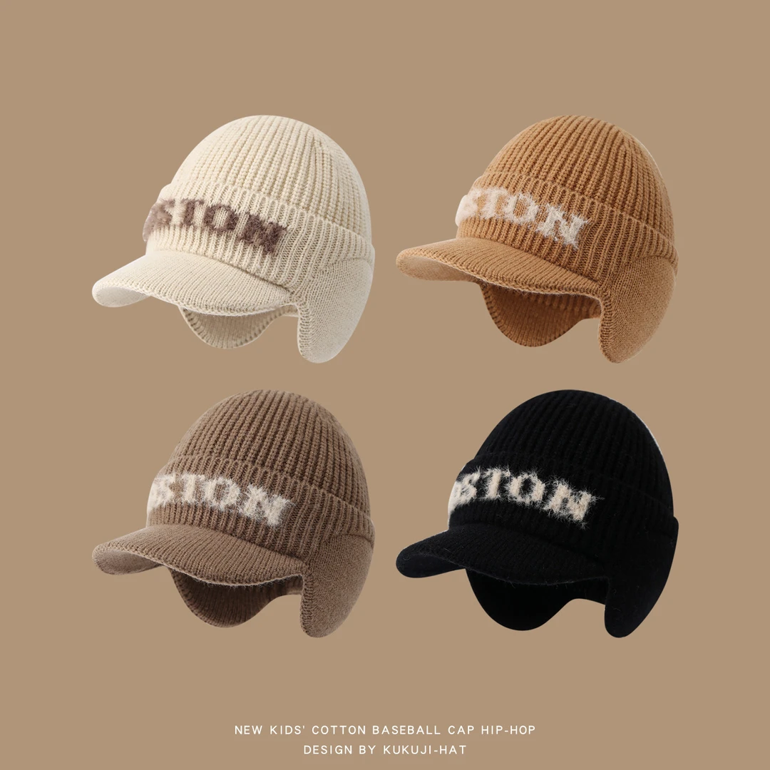 秋冬季儿童鸭舌帽男女童冬季保暖毛线针织护耳棒球帽外出防风防寒