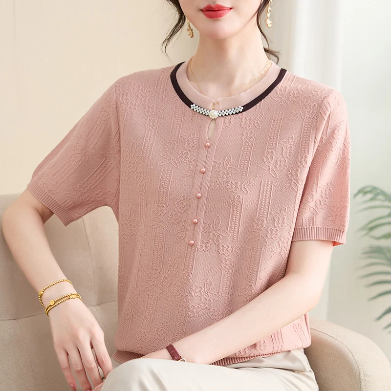 妈妈春装新中式国风长袖时尚上衣2025中老年人女针织薄款T恤小衫